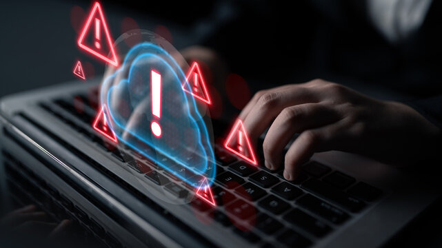 Red alert triangles over a blue cloud icon, symbolizing cloud security threats, system warnings, and data protection risks in digital environments Parse