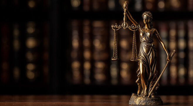 photo of a lady justice statue holding scales and a gavel on a table in front, with bookshelves behind. web banner with copyspace placed on the right.