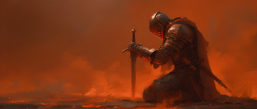 Armored knight kneels, holding sword in a burning, desolate land
