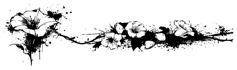 Beautiful floral vine border with morning glory flowers and artistic ink splatters © UrbanDruid