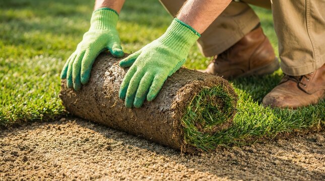 A person wearing bright green gardening gloves carefully lays down a fresh roll of green sod onto prepared soil, working on lawn installation.