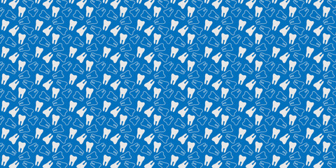 Seamless pattern of white tooth icons on a light blue background, ideal for dental, healthcare, and educational designs.