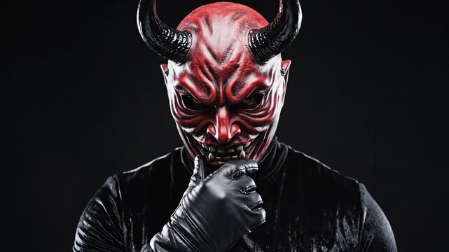 Menacing red devil mask with horns on black background
