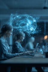 Fototapeta premium Professional team working in a modern office with a large glowing blue digital brain hologram representing artificial intelligence and innovation