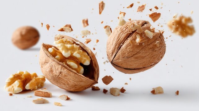 Walnut cracking open, outer shell breaking apart, nutritious nuts flying, fresh concept snack healthy food