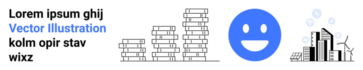 Fototapeta premium Business growth, eco-friendly energy, urban planning, sustainable architecture, economic success, green initiatives. Stacked coins, smiling face sustainable city elements. Business growth