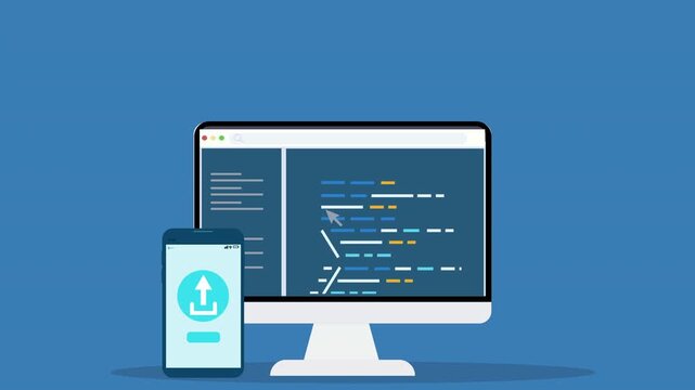 Animated computer screen displaying programming code with mobile cloud upload application interface, representing software development, cloud technology, and mobile data transfer.
