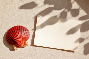 Red seashell and blank paper on sand with leaf shadows