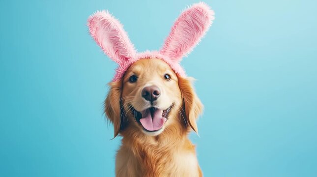 Happy golden dog wearing pink bunny ears on blue background, Easter holiday concept.