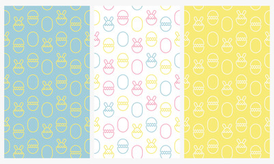 Vertical Easter Line Art Pattern Set: Minimalist Multi-Color Bunny and Egg Outlines on Soft Pastel Blue, White, and Yellow Backgrounds for Social Media Stories