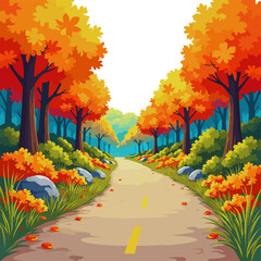 Road through autumn forest landscape with colorful fall trees, mountain scenery and peaceful countryside atmosphere