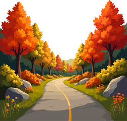 Road through autumn forest landscape with colorful fall trees, mountain scenery and peaceful countryside atmosphere