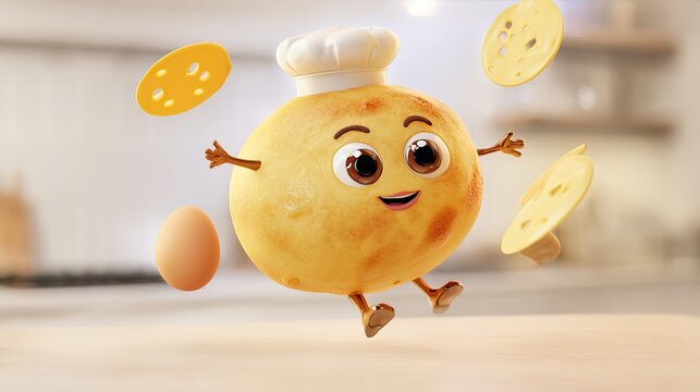 A cheerful 3D cheese bread character wearing a white chef&rsquo;s hat poses dynamically on a kitchen counter. The scene features levitating snack pieces and golden crumbs against a blurred kitch