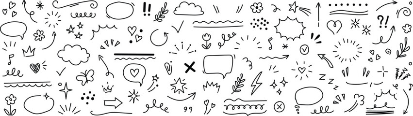 Cute line sketch star, arrow, heart decoration element icon set. Hand drawn sketch doodle cute star, emphasis, flower element. shape icon. Hand drawn vector illustration.