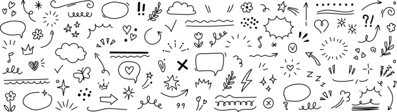 Cute line sketch star, arrow, heart decoration element icon set. Hand drawn sketch doodle cute star, emphasis, flower element. shape icon. Hand drawn vector illustration.