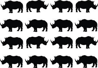 Seamless rhinoceros silhouette pattern with repeating black rhino side view, African wildlife safari background isolated on white for textile and surface design © MdSakila