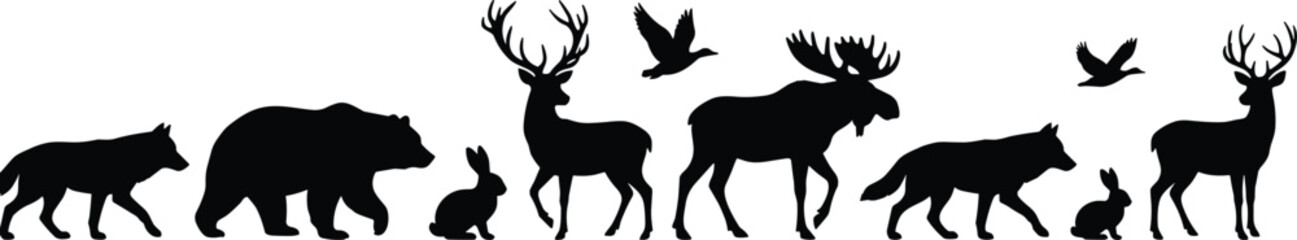 Obraz premium Wild forest animal silhouettes including wolf grizzly bear moose deer rabbit and birds in flight set on white background for outdoors nature and hunting designs.