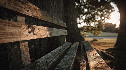 Obraz premium Close view of a wooden park bench in soft light. AI generated image