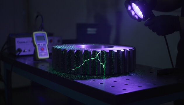 Industrial UV light magnetic particle inspection NDT revealing gear crack