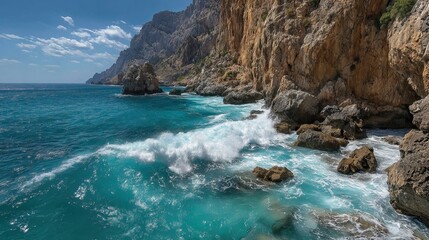 Rocky coastline with turquoise sea waves. AI generated image
