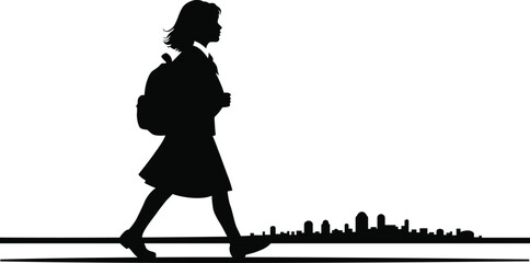 Obraz premium Silhouette of a woman walking in front of city skyline