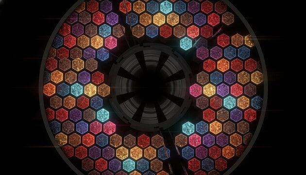 Multi core fiber optic cable cross section with glowing honeycomb pattern