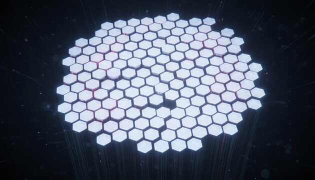 Multi core fiber optic cable cross section with glowing honeycomb pattern