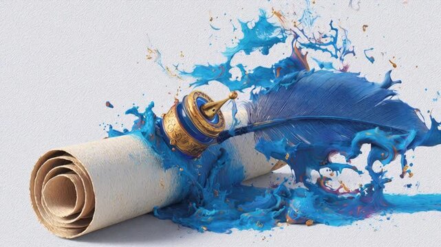 Artistic depiction of writing with a quill, inkwell, and paper scroll; vibrant blue ink splashes