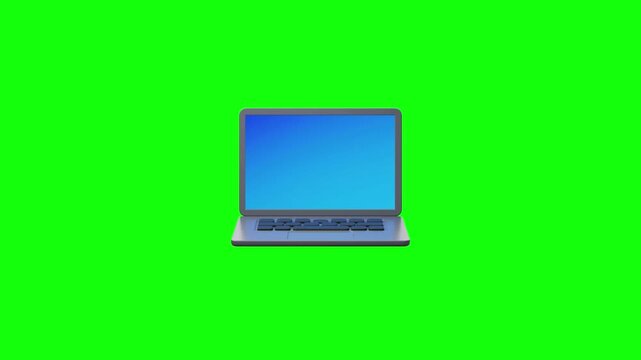 Looping 3D animation of a modern laptop on a bright green chroma key background, computer starts closed then smoothly opens to reveal a blue screen, slight camera bounce and soft reflections.