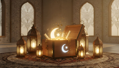 Ramadan Lanterns and Treasure Chest With Glowing Crescent and Gold Coins in Mosque Interior