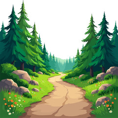 Forest road through the mountains landscape with green trees, scenic countryside path and peaceful nature