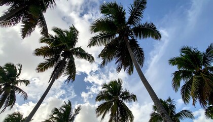 Fototapeta premium Low-angle shot capturing the tall trunks and vibrant green fronds of palm trees against a partly cloudy, bright blue sky