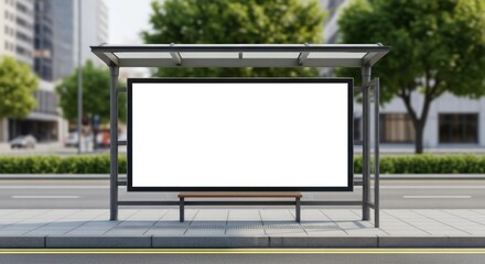 Fototapeta premium Bus stop shelter mockup with blank horizontal advertising screen template in a modern city urban environment during the day, perfect for out-of-home OOH promotion display.