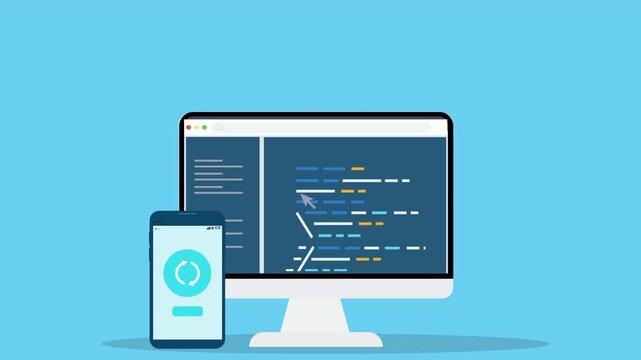 Animated computer screen displaying programming code with mobile tracking application interface, representing software development, location technology, and mobile app design.

