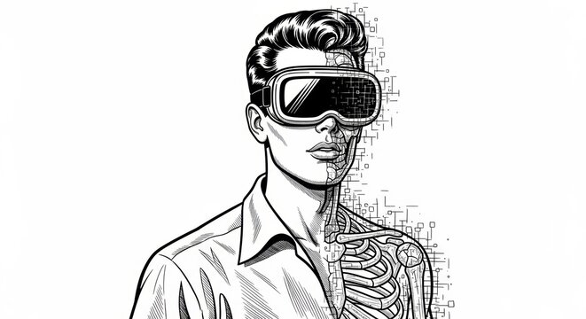 man wearing VR goggles looks away, with half his body transforming into a digital skeleton structure sketch engraving generative ai vector illustration.