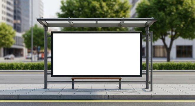 Bus stop shelter mockup with blank horizontal advertising screen template in a modern city urban environment during the day, perfect for out-of-home OOH promotion display.