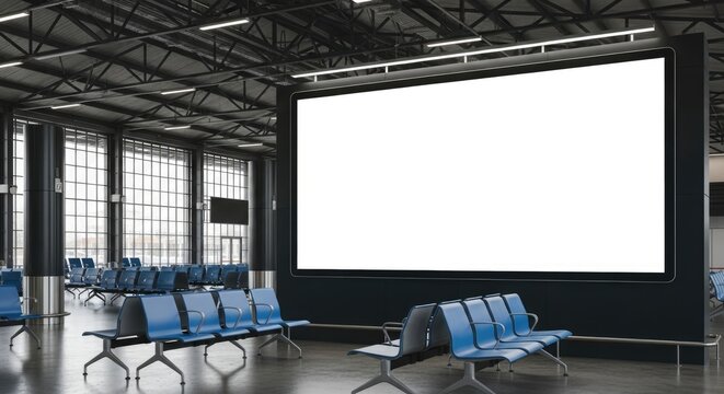Large blank digital screen or billboard mockup in a modern industrial airport terminal or waiting lounge with blue seating and expansive windows. 3D render.