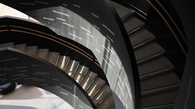 Spiral staircase inside modern Helsinki library top view architectural geometry elegant wooden interior with circular design and strong symmetry urban Scandinavian architecture concept