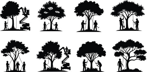 Obraz premium Black silhouettes of professional arborists trimming trees with aerial lifts and hand tools for forestry maintenance landscaping services for design.