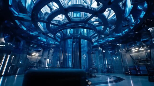 Futuristic High-Tech Lab Interior with Blue Lights, Advanced Technology, Modern Machinery, and Innovative Design