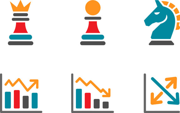 Business strategy and data analysis icon set with chess pieces and financial growth bar charts