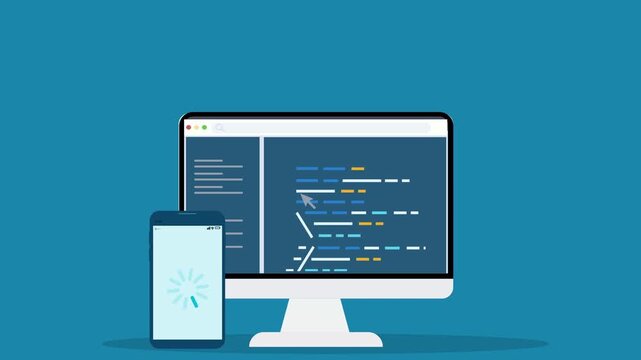Animated desktop computer showing programming code beside a mobile application interface, representing software development, mobile app design, and digital technology workflow.
