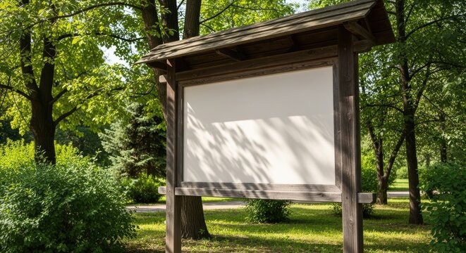 Blank wooden information board mockup in a lush green park or forest setting on a sunny day. Empty outdoor billboard template with copy space.