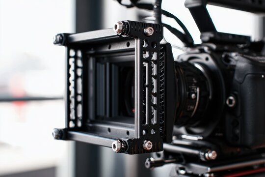 Professional camera rig with matte box and lens mounted on tripod in studio setting