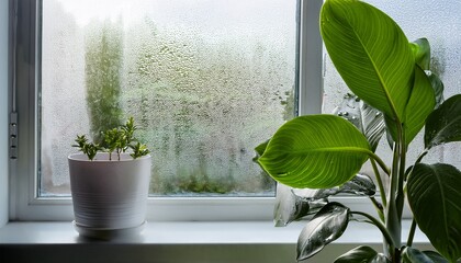 selective focus on condensation on pvc window and white plastic window with a houseplant in the background concept of indoor plants and humidity