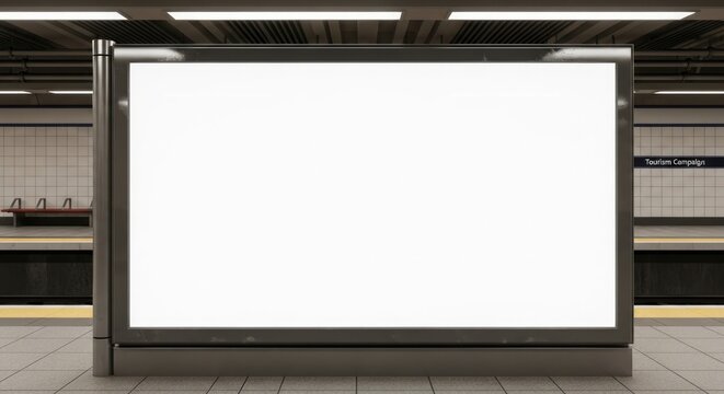 Horizontal Blank Advertising Billboard Mockup on Subway Platform. Large Illuminated Digital Screen Poster Space Template in Underground Metro Station Environment.
