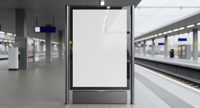 Blank vertical advertisement poster mockup in a modern subway or train station platform setting, ideal for commercial marketing and product promotion.