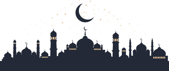Islamic cityscape silhouette, mosque domes and minarets, crescent moon and stars, Ramadan night skyline, Eid celebration scene, flat vector illustration © Creative_Designer 
