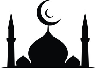 Islamic mosque silhouette, crescent moon dome, religious architecture skyline, cultural heritage artwork, Ramadan Eid celebration design, spiritual worship vector illustration