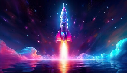 vibrant holographic rocket launches from reflective water surface bright neon spaceship ascends into dark starry sky with colorful pink blue smoke fiery engine glow startup success business